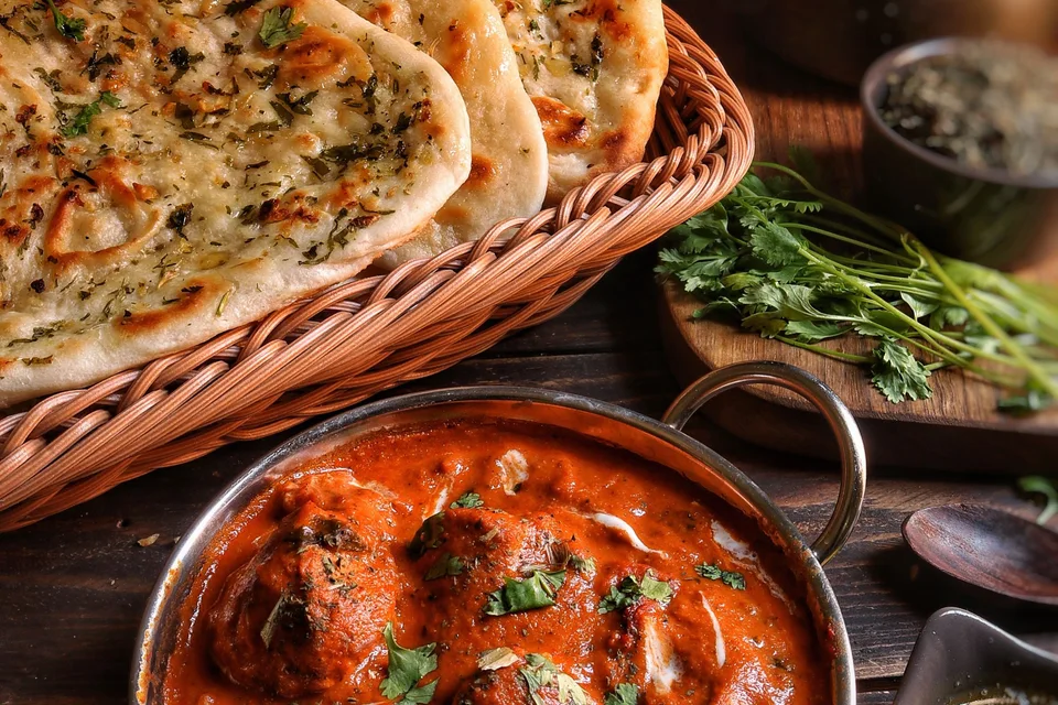 BookNoFees: Fotografie ilustrativă: Curry servit cu pâine naan cu usturoi