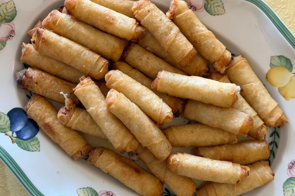 Example photo: Golden fried spring rolls on a patterned plate