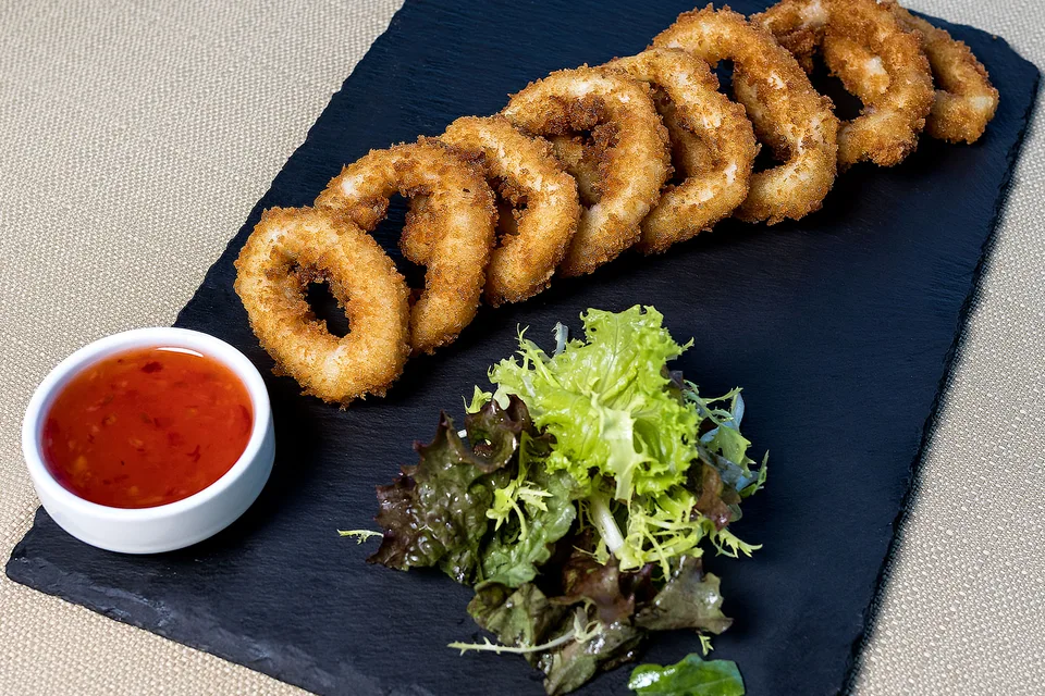 Example photo: Fried calamari rings with salad and dipping sauce